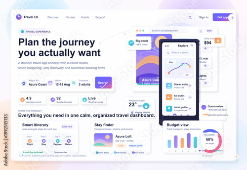 Modern travel app dashboard interface with mobile itinerary planner, booking cards, route map and budget widgets in gradient vector style