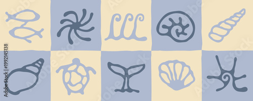 Set of hand-drawn marine icons with sea life shapes including fish, shells, waves and turtles in a minimal aesthetic on a blue and beige grid background.