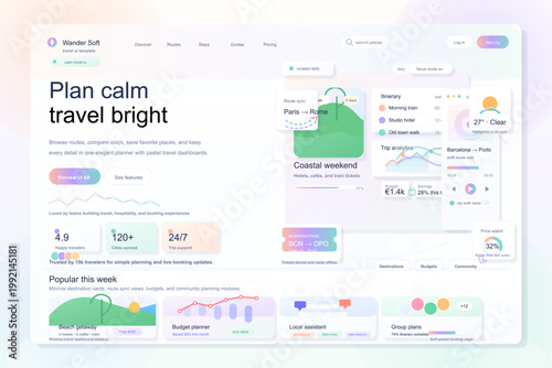 Isometric travel planning landing page with itinerary cards, route analytics, booking widgets, and pastel dashboard interface on white background
