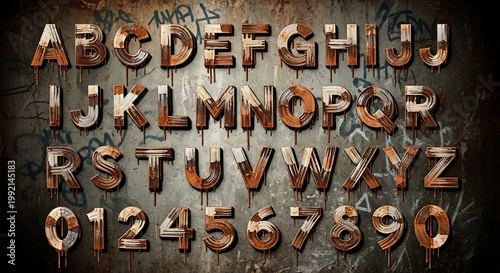 A distressed alphabet and number set with a grungy background texture
