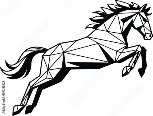 Minimalist geometric polygon line art illustration of leaping horse in dynamic motion with angular black design on white background