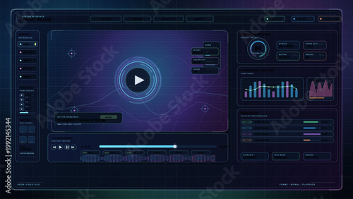 Futuristic video streaming dashboard interface with playback timeline, analytics panels, media queue and neon HUD controls on dark background.