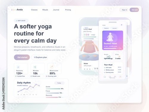 Pastel yoga wellness landing page with smartphone ritual app mockup, session stats, and daily rhythm cards in a calm clean layout design.