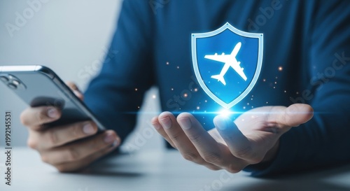 Business person holding a glowing digital shield icon with an airplane symbol representing secure travel insurance coverage for global trips