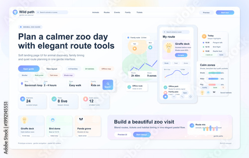 Zoo planner landing page interface with route map, mobile guide screen, family itinerary cards, and pastel dashboard widgets layout design
