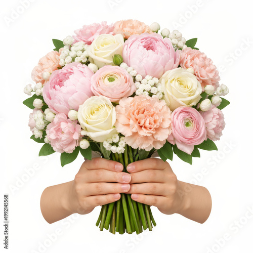 Child holding large pastel flower bouquet isolated on white background