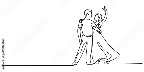 Single continuous line drawing of a romantic couple dancing together in an elegant pose Vector, illustration