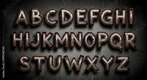 A close-up of embossed metal alphabet letters on a dark background