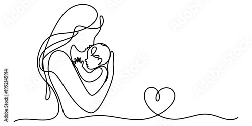 Continuous line drawing of a mother holding her newborn baby with a heart symbol Vector, illustration