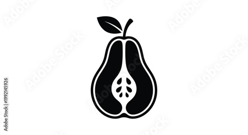 A halved pear depicted as a striking black silhouette