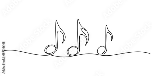 Continuous line drawing of three musical eighth notes on a wavy staff line against white background Vector, illustration