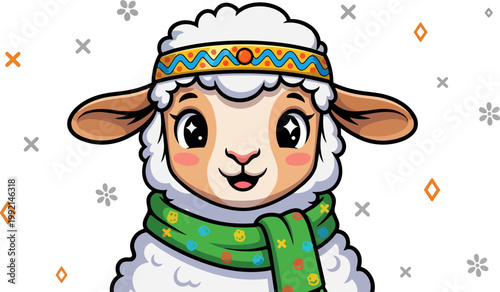 Cartoon sheep, smiling lamb, winter hat, colorful scarf, vector illustration