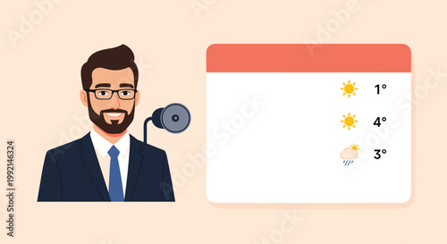 Television weather forecaster illustration presenting a weekly forecast with temperature icons on a large digital board.