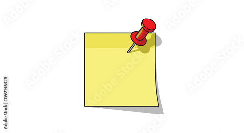 Yellow square sticky note pad pinned with a red pushpin casting a soft shadow on a clean white background for office notes.