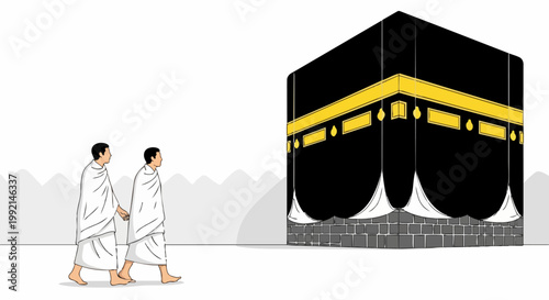 Kaaba, Mecca, Islamic pilgrimage, vector illustration, black and yellow, white robes, Hajj