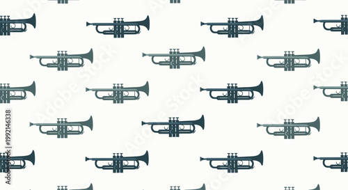 Seamless vector pattern featuring repeating silhouettes of musical trumpet instruments on an off white background for design.