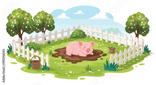 Joyful pink pig wallowing in a brown mud puddle on a green grassy farm field surrounded by a white wooden picket fence.
