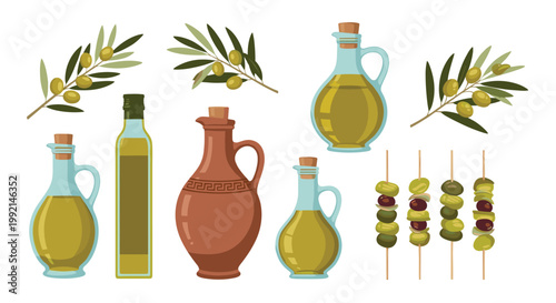 Selection of olive oil glass bottles and ceramic jars next to fresh olive branches and appetizers on wooden skewers.