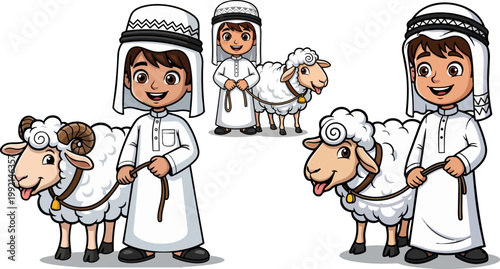 Cartoon boys in traditional Middle Eastern clothing with sheep, vector illustrations, kids with lambs, white robes, desert culture