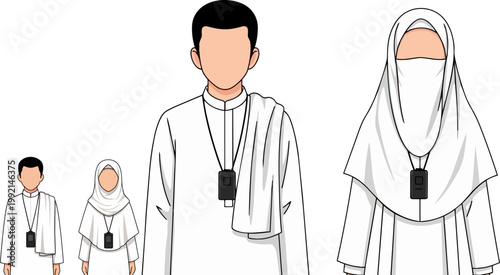 Muslim man and woman, white thobe, hijab, vector icons, religious attire, cultural clothing