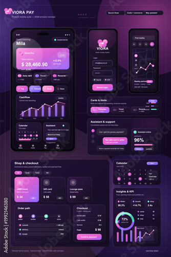 Dark mode fintech mobile app concept with wallet dashboard, secure login, map assistant, shopping cards, and analytics in purple gradients.