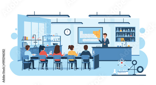 Interior of a science laboratory classroom where a teacher explains a periodic table to a group of attentive students.