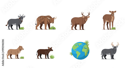Collection of various wild deer and ungulate species illustrated with a green earth globe symbol for environmental themes.