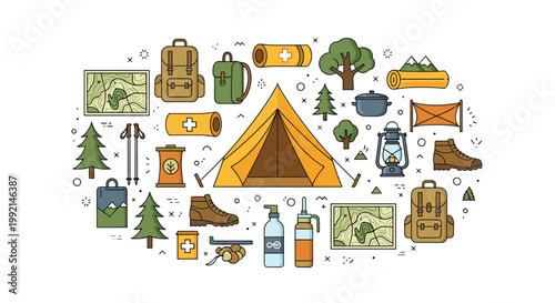 Symmetrical arrangement of camping gear icons including a tent backpack lantern and maps for outdoor recreation themes.