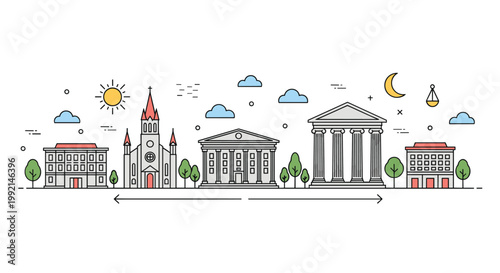 City skyline illustration featuring classic architecture such as a church and temple under the sun and moon cycle symbols.
