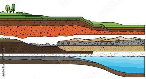 Geological cross section diagram showing different soil layers rock formations and an underground water table in nature.