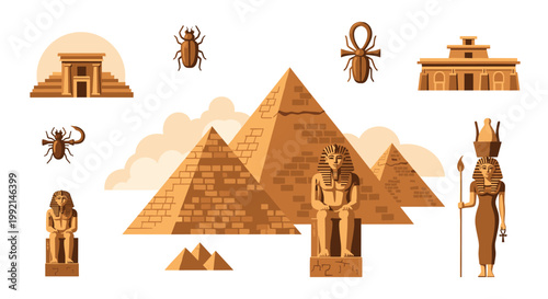 Historical icons of ancient Egypt featuring the Great Sphinx of Giza pyramids pharaohs and various cultural artifacts.