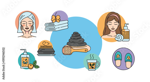 Wellness and beauty spa treatment elements including massage stones, herbal tea, skin care products, and relaxing facial procedures.