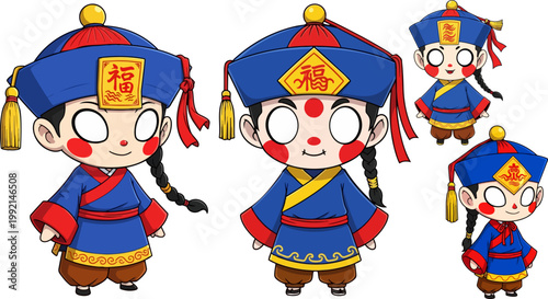 Cartoon Tibetan children, traditional costumes, blue and red outfits, cultural icons, vector illustrations