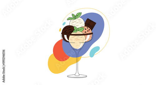 Gourmet ice cream sundae in a glass bowl with multiple flavors, mint leaves, and a chocolate bar on abstract background.