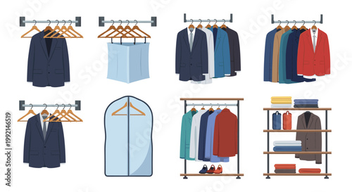 Organized collection of men's professional attire featuring suits, jackets, and shirts on hangers and neatly folded on shelves.