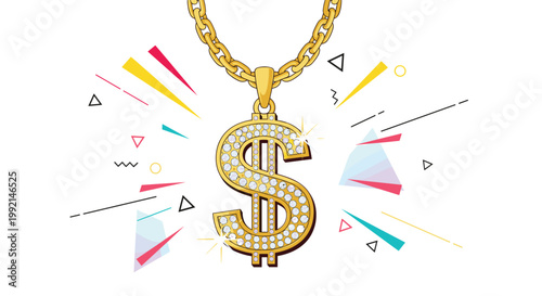 Luxury gold chain with a diamond encrusted dollar sign pendant set against a vibrant abstract background with geometric shapes.