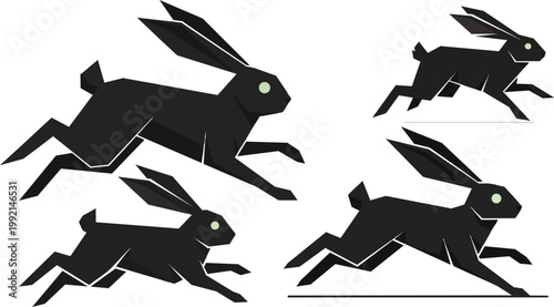 Black rabbit icons, running bunny silhouettes, vector graphics, animal symbols