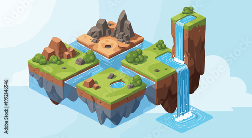 Isometric landscape of floating nature islands with lush green grass, waterfalls, and different terrains in a blue sky.