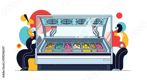 Modern illustration of an ice cream parlor display case filled with colorful gelato flavors and abstract character silhouettes.