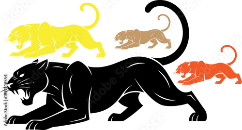 Panther icons, black panther, animal symbols, colorful illustration, panther silhouettes