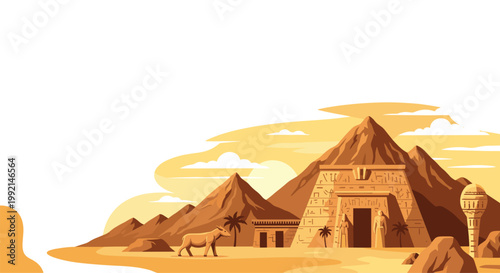 Scenic illustration of an ancient Egyptian desert landscape featuring pyramids, a temple, and a sphinx under a golden sun.