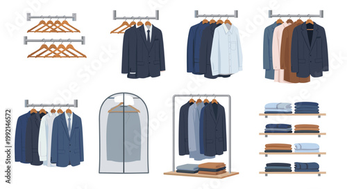 Detailed selection of men's boutique clothing elements including suits on racks and neatly organized garments on store shelves.