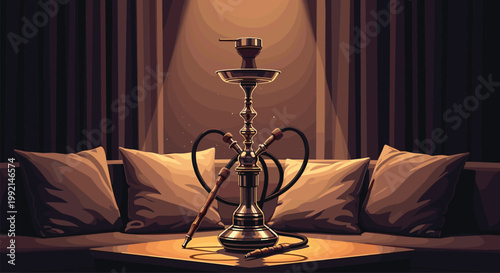 Elegant hookah standing on a table in a dimly lit cozy lounge with soft pillows and atmospheric background lighting.