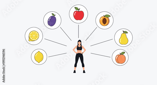 Healthy lifestyle concept showing a fit woman surrounded by various fruit icons like apple, peach, pear, and lemon.