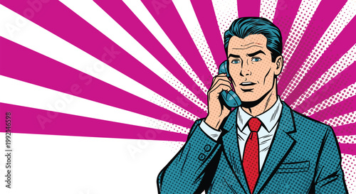 Classic pop art style illustration of a professional man in a suit talking on a telephone against a pink sunburst background.