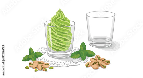 Swirled green pistachio or matcha mousse in a glass cup served with fresh mint leaves and whole nuts on a lace doily.