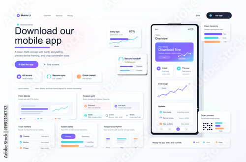 Mobile app download landing page interface with smartphone mockup, install cards, secure sync panels, and soft pastel website layout design
