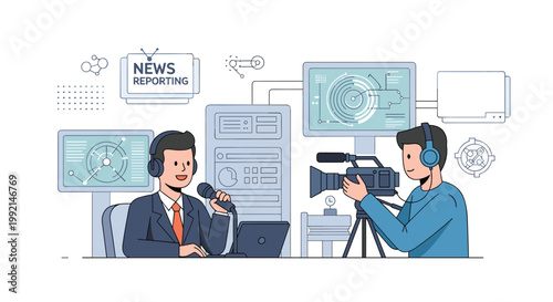 Professional news reporting scene featuring an anchorman speaking into a microphone while a cameraman records the broadcast.