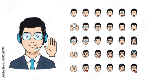 Male customer service representative with a headset accompanied by a grid of icons showing various facial expressions.