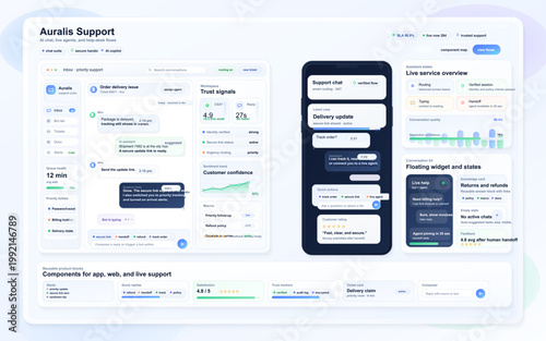 Customer support dashboard and mobile chat interface with ticket inbox, live agent widgets, analytics panels, and clean pastel UI layout